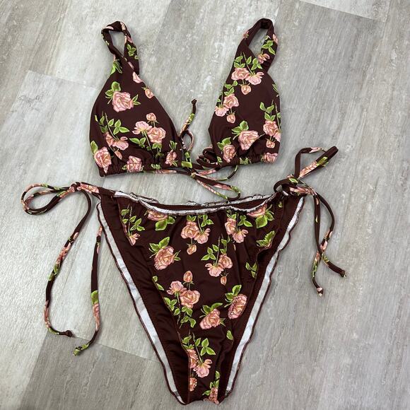 Dippin Daisys Brown Pink Rose Floral Bikini Swimsuit Set Size XL - Picture 1 of 6